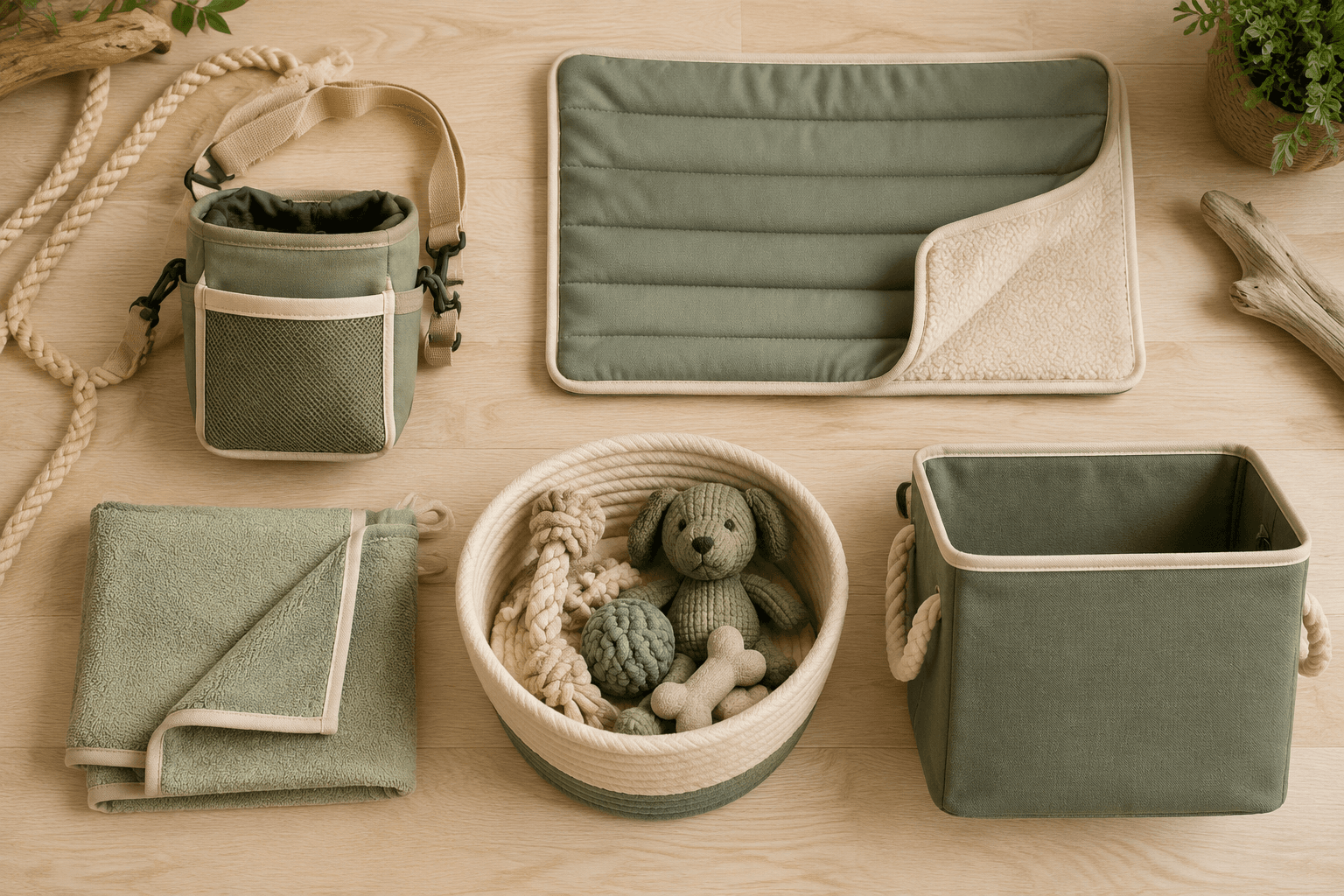 A flat-lay selection surface of walk packs, home mats and wash towels