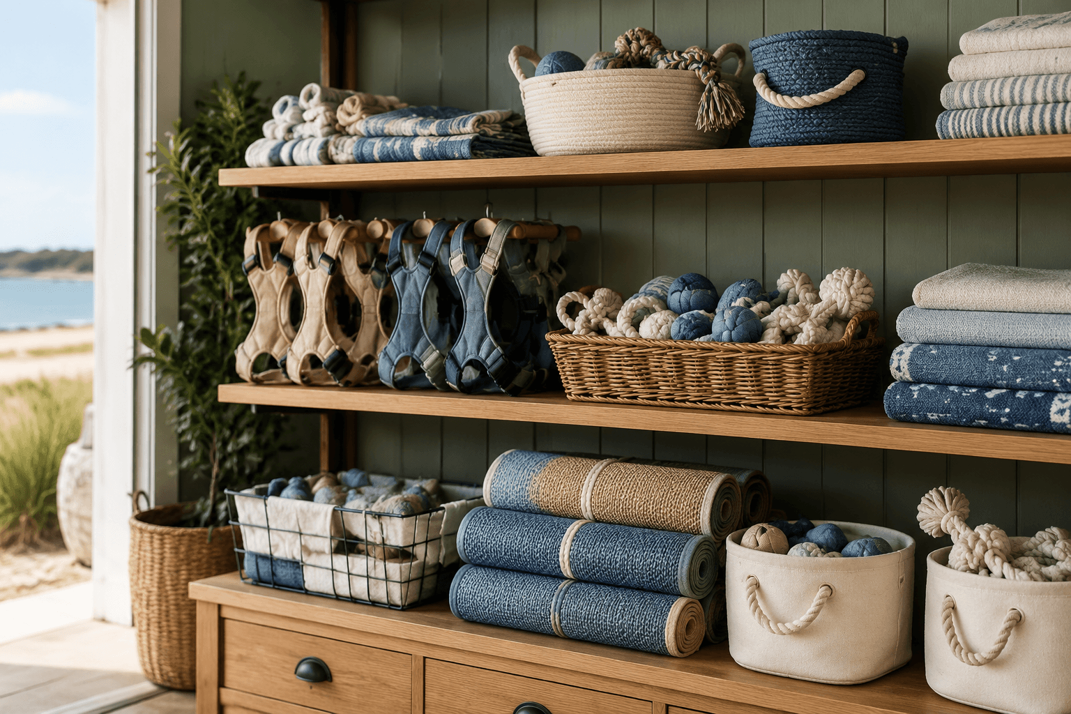 Oak-green coastal pet supply shelf with walk packs, mats, baskets and towels